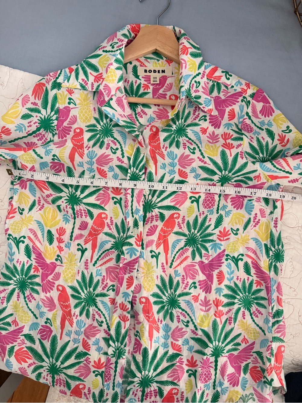 Boden Linen Blend Shirt Tropical Parrot Palm Print Button Front Colorful Sz US 4 - Picture 7 of 8